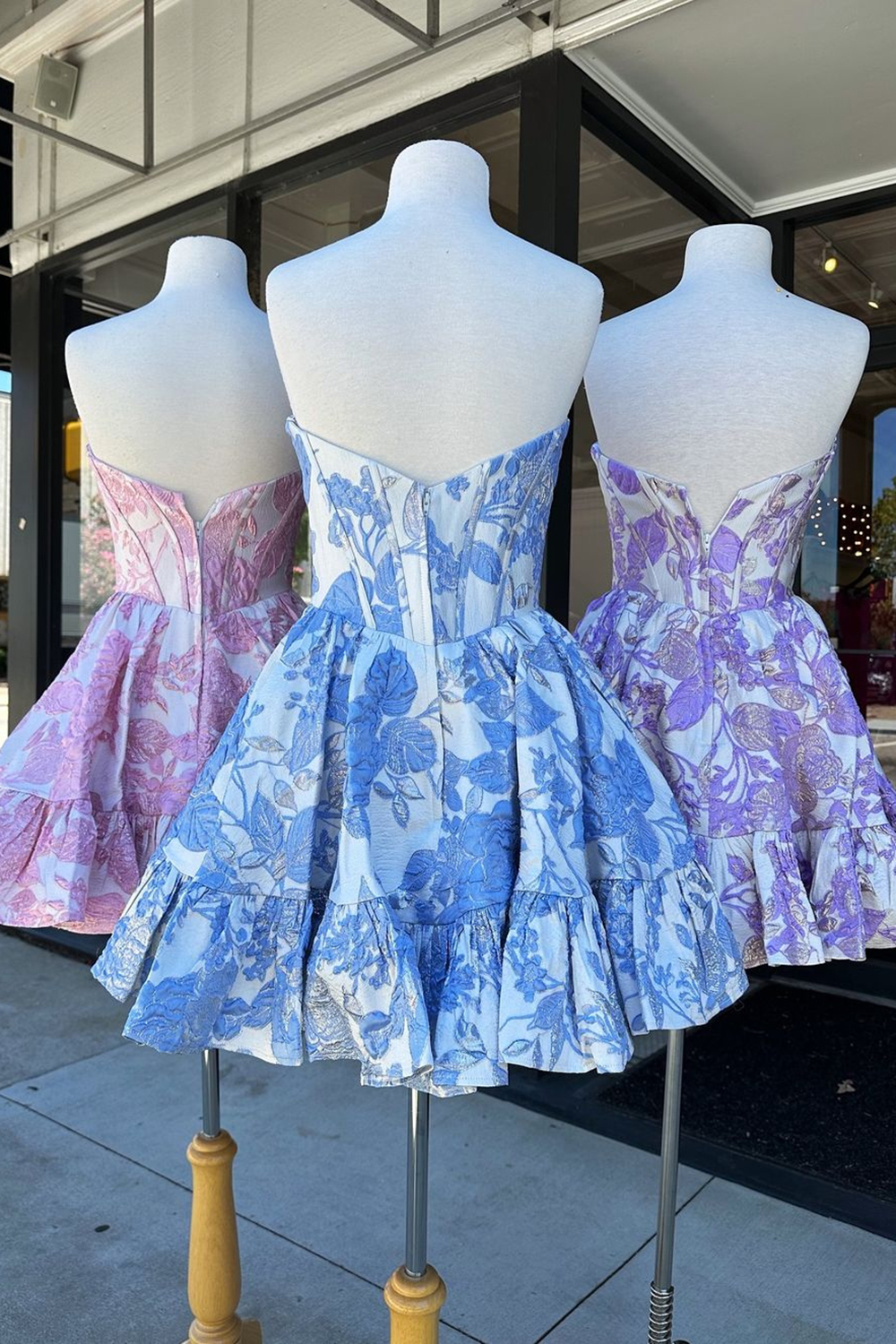 Blue A-Line Flowers Strapless Ruffled Homecoming Dress