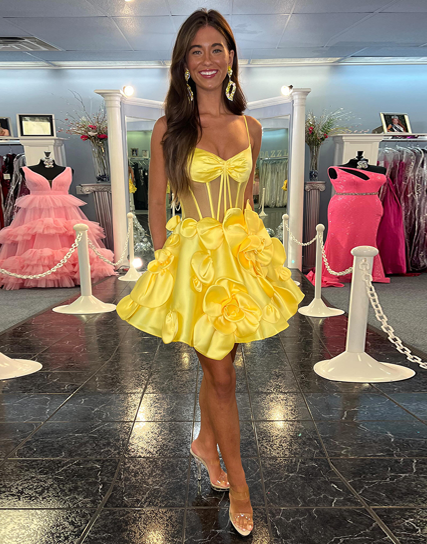 Yellow A-Line Satin Flowers Corset Homecoming Dress