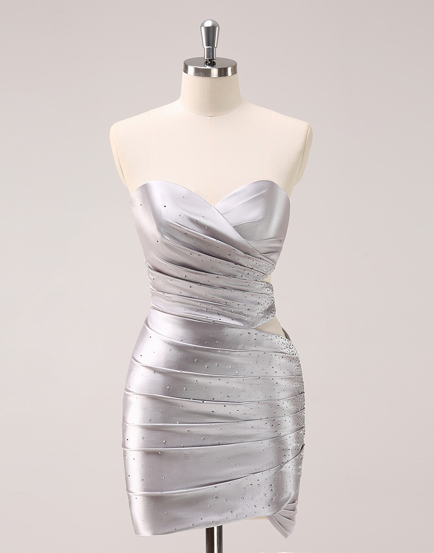 Glitter Silver Beaded Strapless Satin Homecoming Dress 