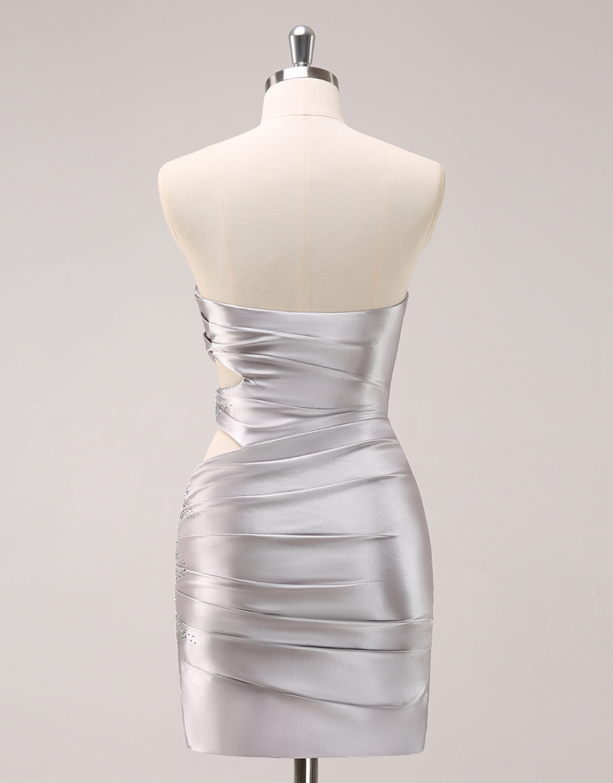 Glitter Silver Beaded Strapless Satin Homecoming Dress 