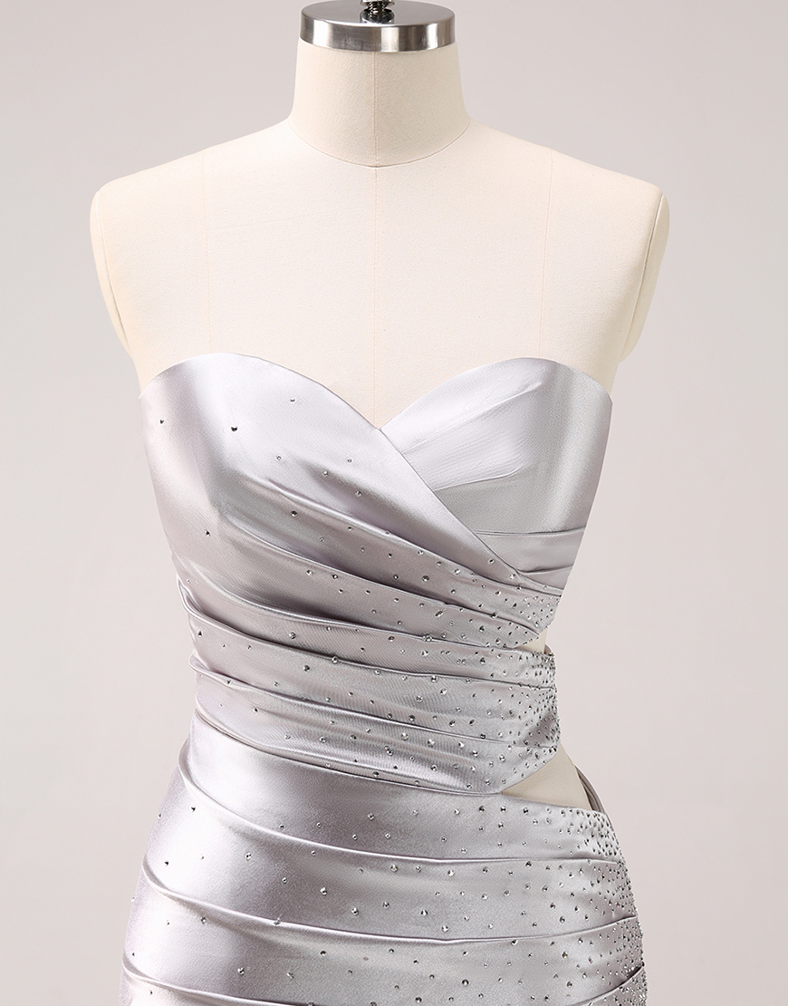 Glitter Silver Beaded Strapless Satin Homecoming Dress 