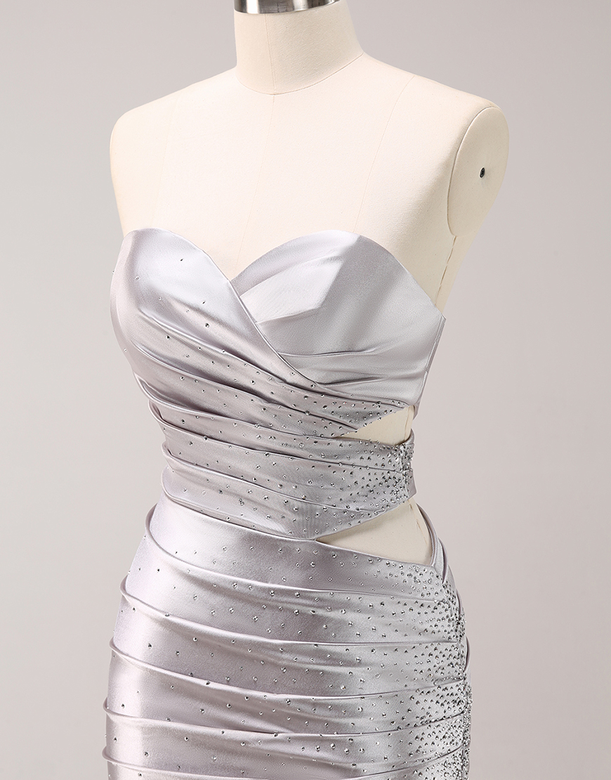 Glitter Silver Beaded Strapless Satin Homecoming Dress 