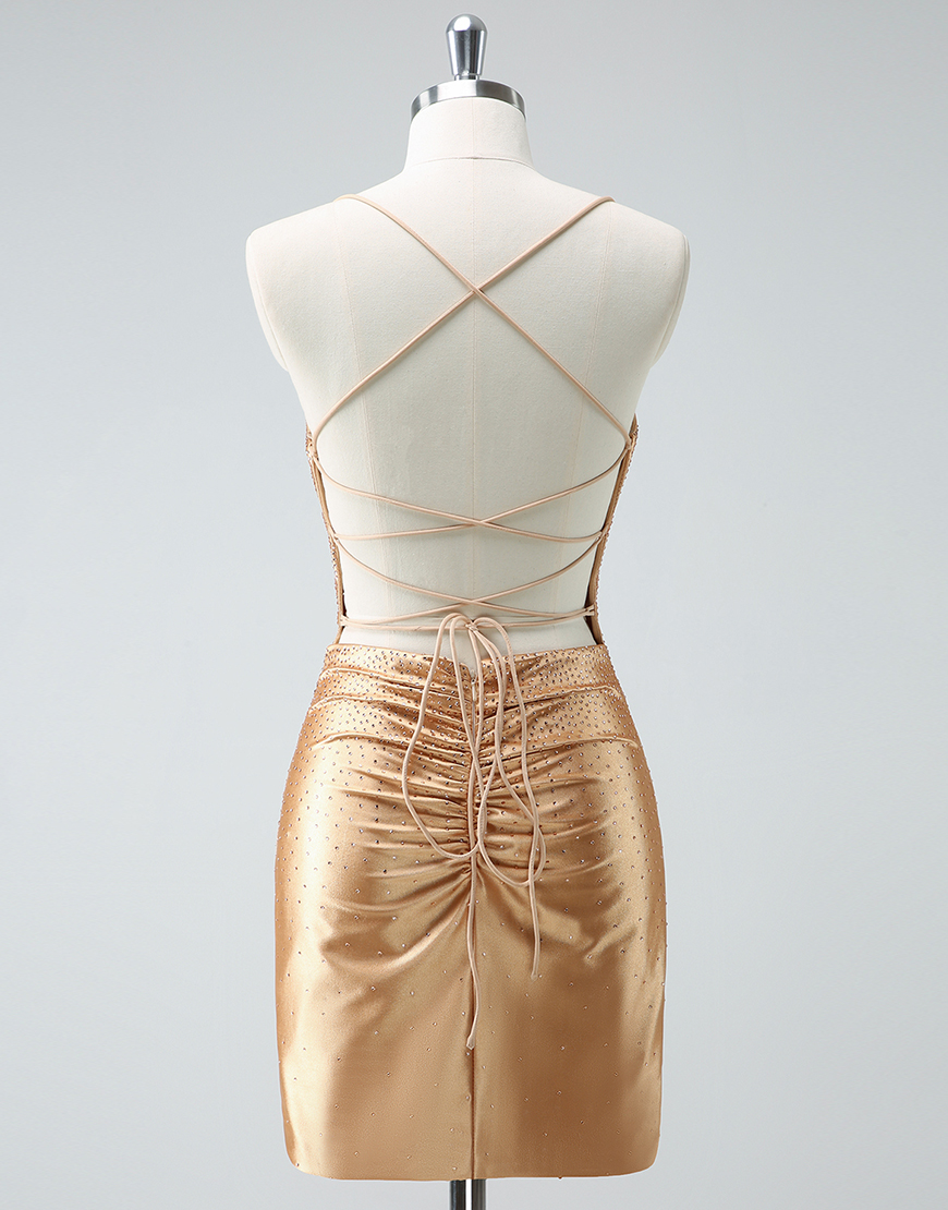 Sparkly Golden Beaded Tight Spaghetti Straps Homecoming Dress