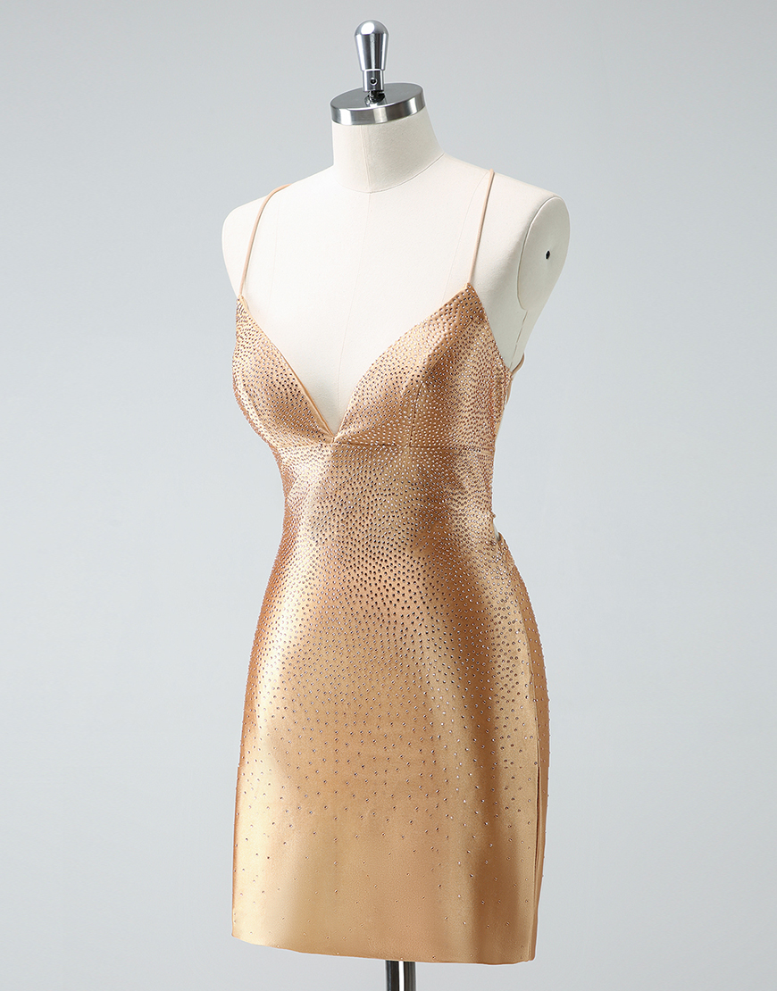 Sparkly Golden Beaded Tight Spaghetti Straps Homecoming Dress