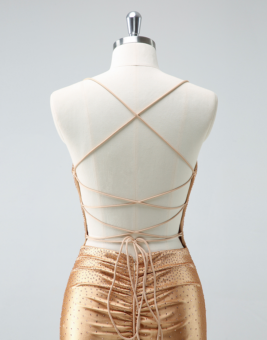 Sparkly Golden Beaded Tight Spaghetti Straps Homecoming Dress