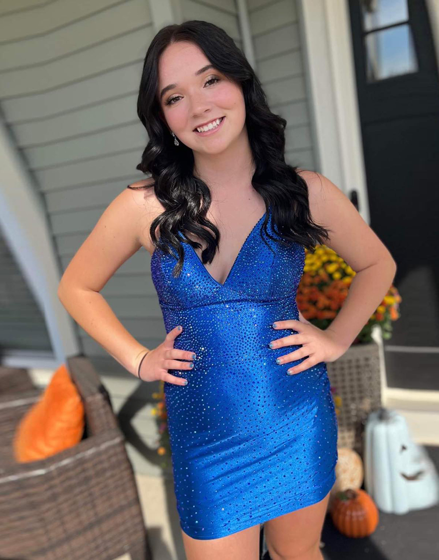 Sparkly Light Blue Beaded Tight Spaghetti Straps Homecoming Dress