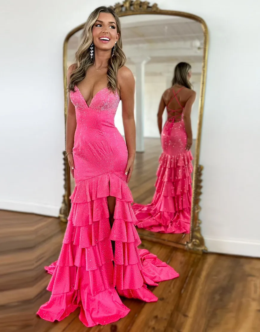 Sparkly Yellow Mermaid Beaded Ruffled Long Prom Dress with Slit