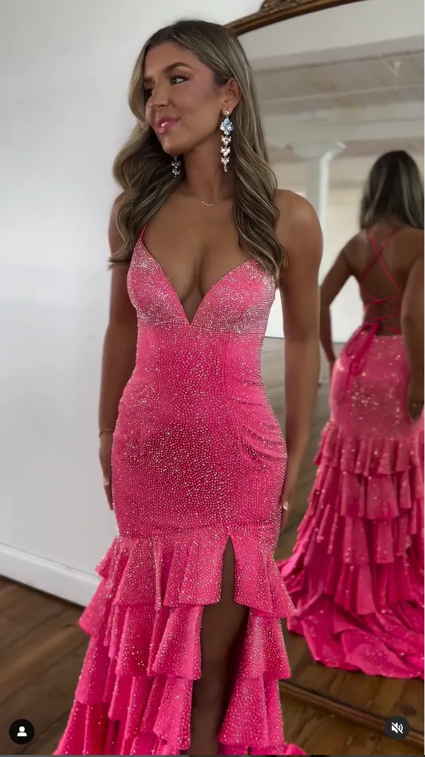 Sparkly Yellow Mermaid Beaded Ruffled Long Prom Dress with Slit