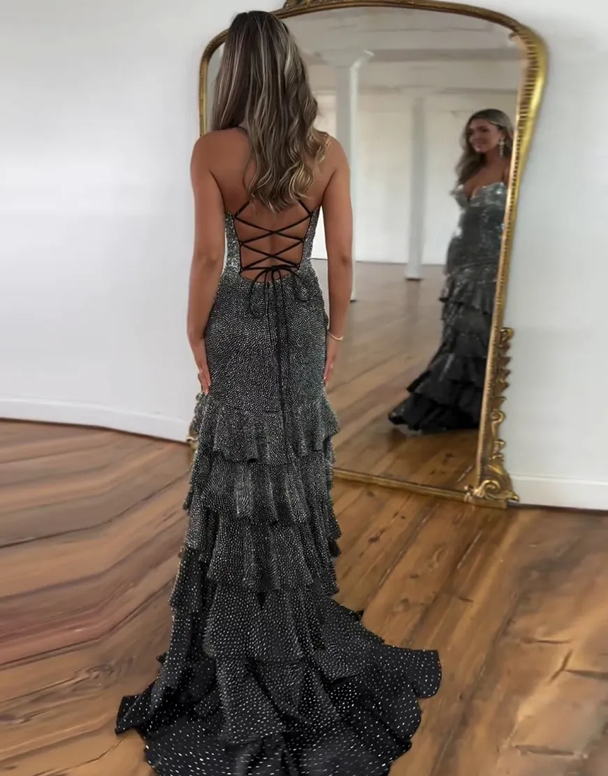 Sparkly Yellow Mermaid Beaded Ruffled Long Prom Dress with Slit