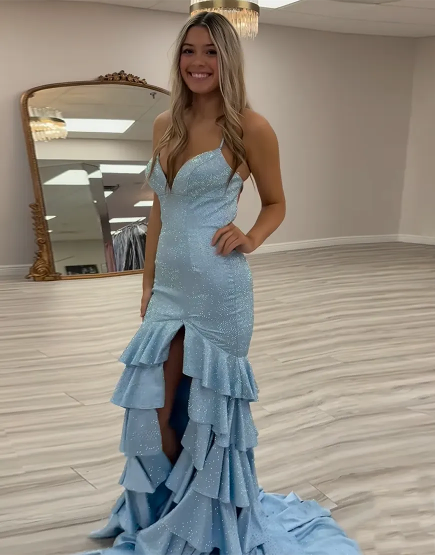 Sparkly Yellow Mermaid Beaded Ruffled Long Prom Dress with Slit