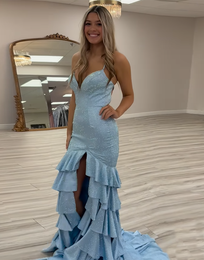 Sparkly Black Mermaid Spaghetti Straps Beaded Ruffles Long Prom Dress with Slit