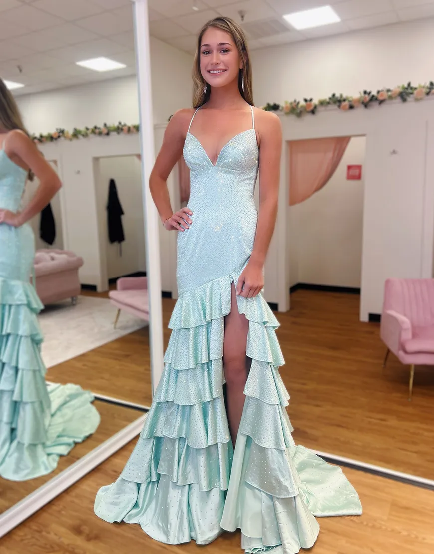 Sparkly Yellow Mermaid Beaded Ruffled Long Prom Dress with Slit