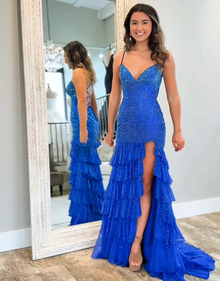 Sparkly Royal Blue Mermaid Spaghetti Straps Beaded Ruffles Long Prom Dress with Slit