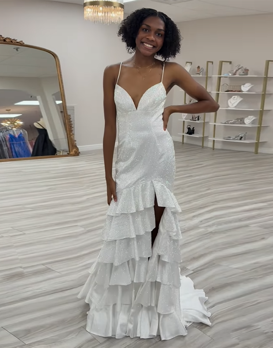 Sparkly Black Mermaid Spaghetti Straps Beaded Ruffles Long Prom Dress with Slit