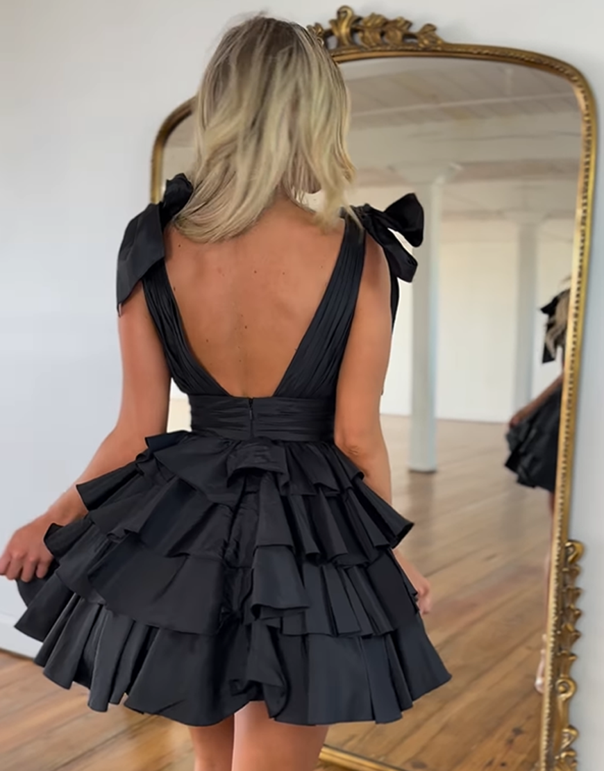 Blue A-Line Tiered Satin V-Neck Homecoming Dress 