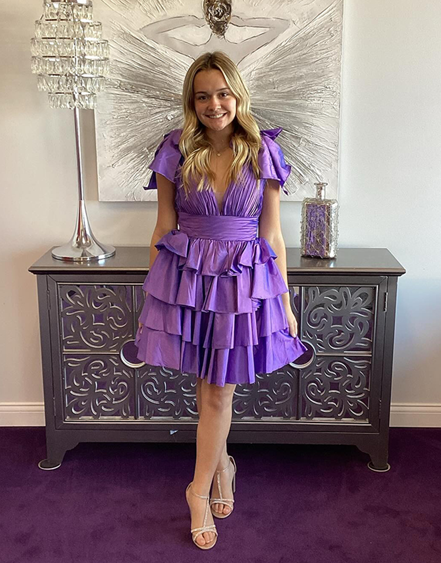 Red A-Line Tiered Satin V-Neck Homecoming Dress 