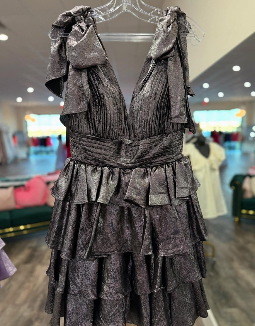 Red A-Line Tiered Satin V-Neck Homecoming Dress 