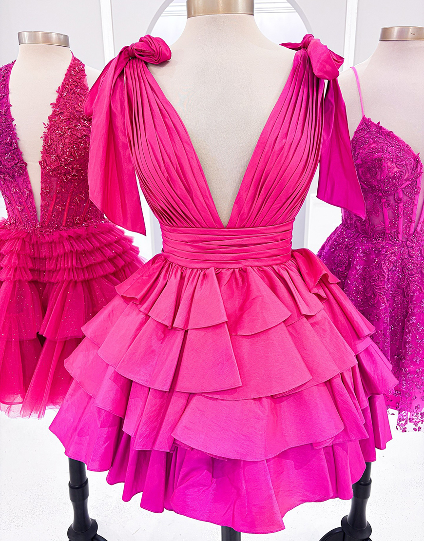 Red A-Line Tiered Satin V-Neck Homecoming Dress 