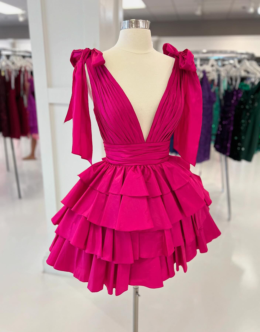 Red A-Line Tiered Satin V-Neck Homecoming Dress 