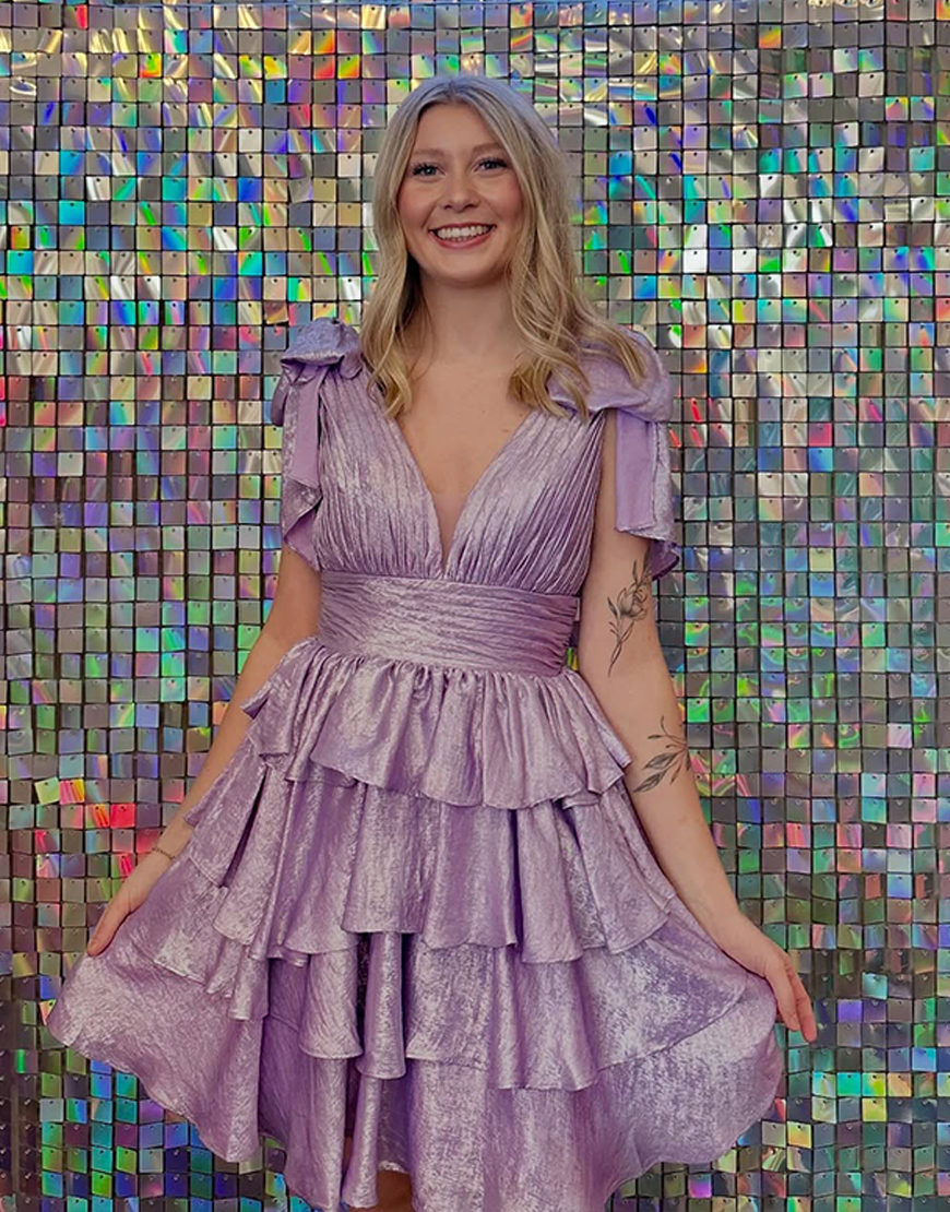 Red A-Line Tiered Satin V-Neck Homecoming Dress 