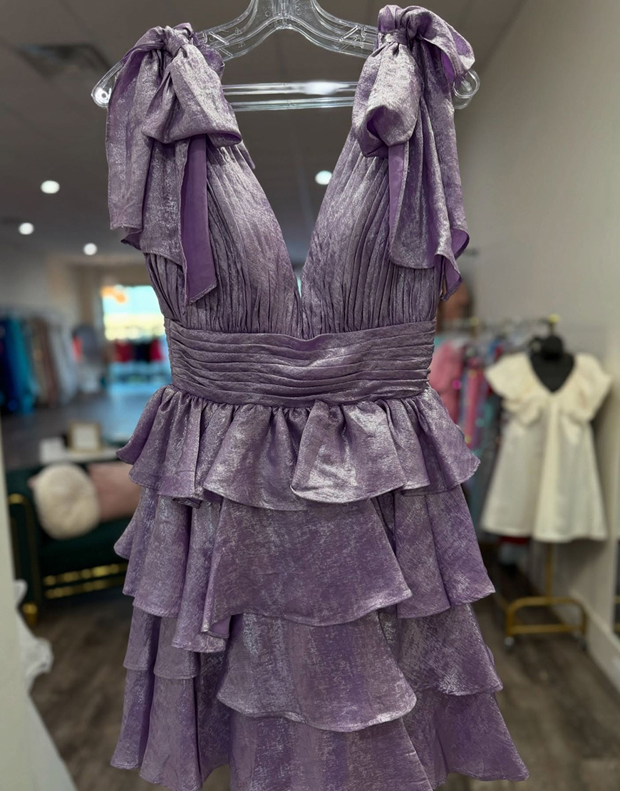 Red A-Line Tiered Satin V-Neck Homecoming Dress 