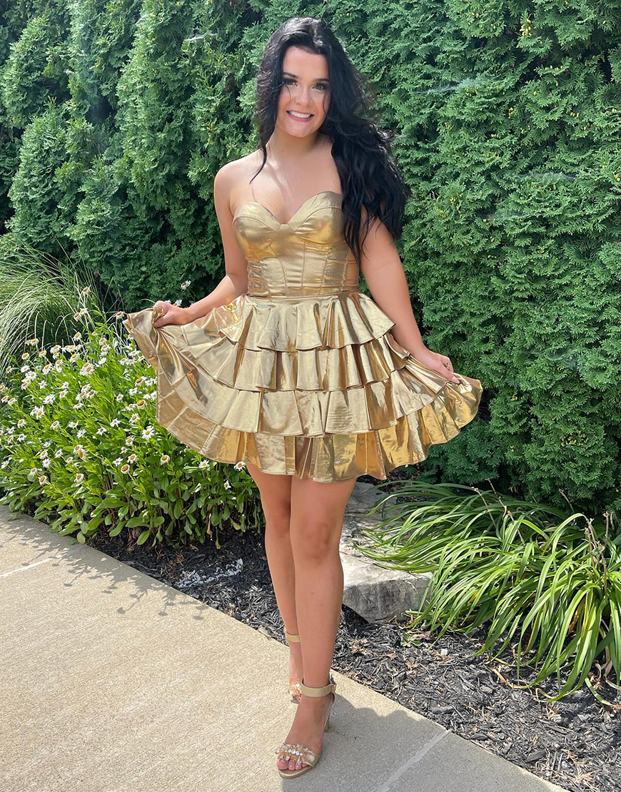 Sparkly Golden Satin A-Line Strapless Tiered Homecoming Dress 