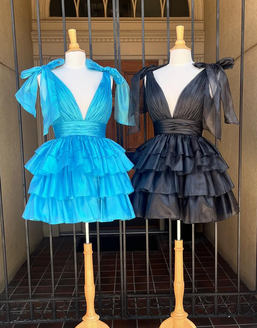 Cute A-Line Deep V-Neck Short Tiered Satin Homecoming Dress