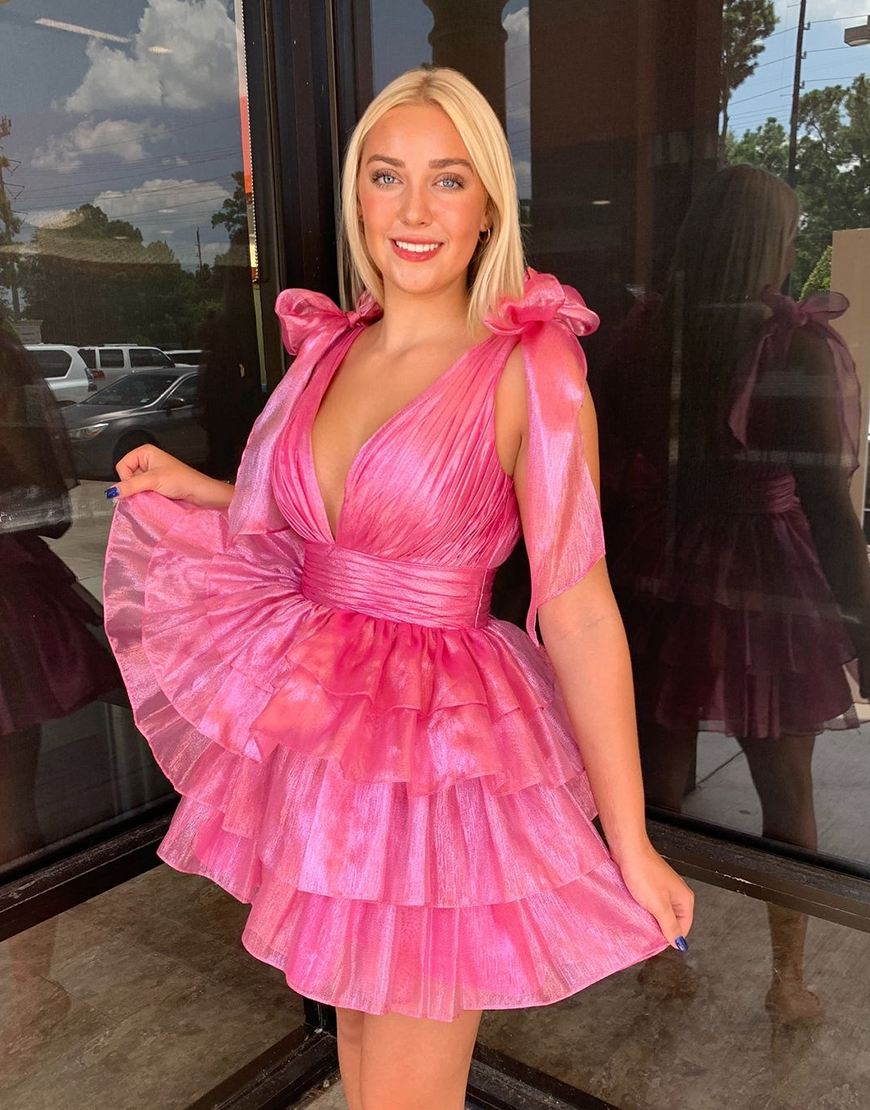 Cute A-Line Deep V-Neck Short Tiered Satin Homecoming Dress