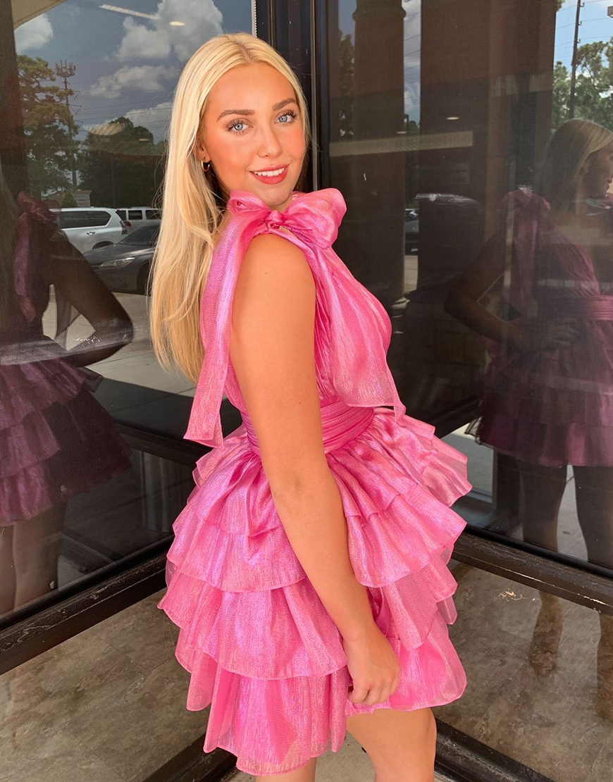 Cute A-Line Deep V-Neck Short Tiered Satin Homecoming Dress