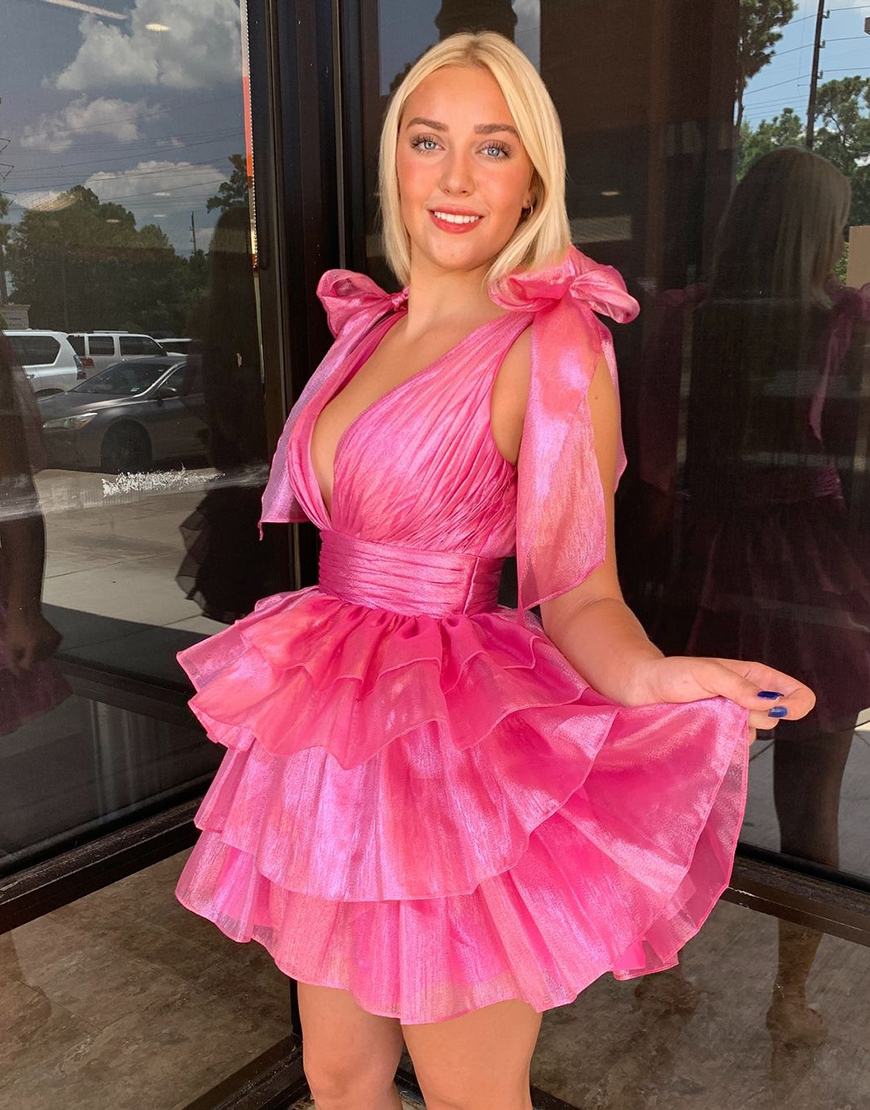 Cute A-Line Deep V-Neck Short Tiered Satin Homecoming Dress