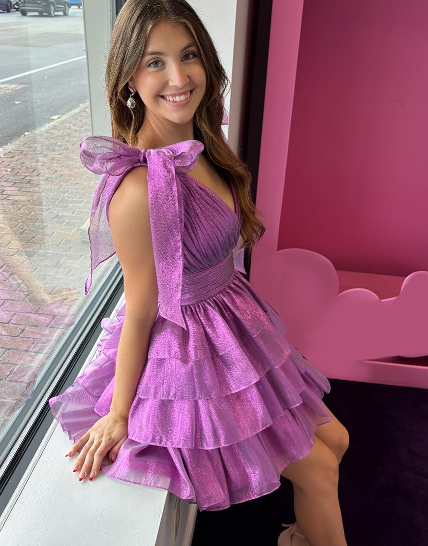 Cute A-Line Deep V-Neck Short Tiered Satin Homecoming Dress