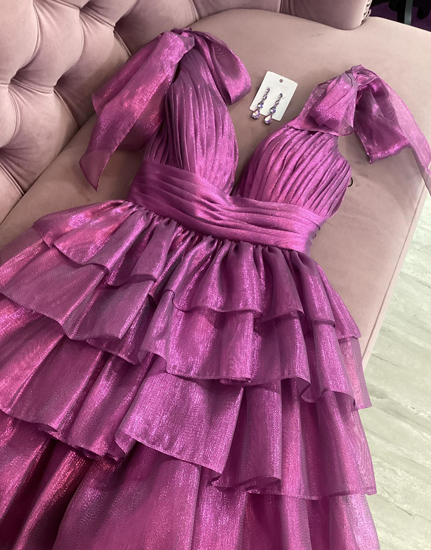 Cute A-Line Deep V-Neck Short Tiered Satin Homecoming Dress