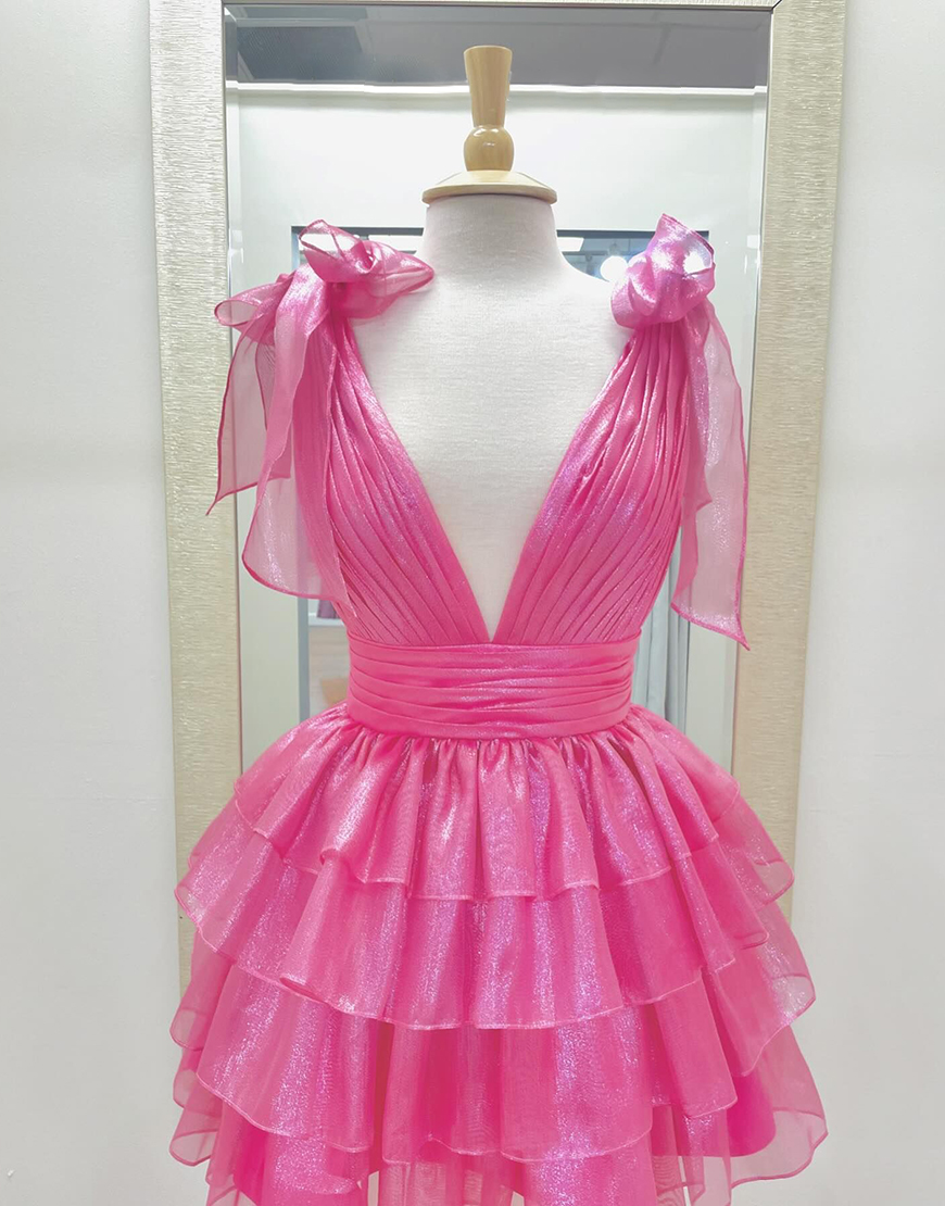 Cute A-Line Deep V-Neck Short Tiered Satin Homecoming Dress