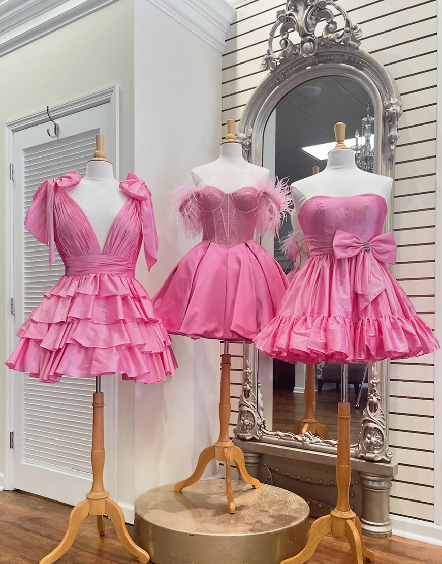 Cute A-Line Deep V-Neck Short Tiered Satin Homecoming Dress