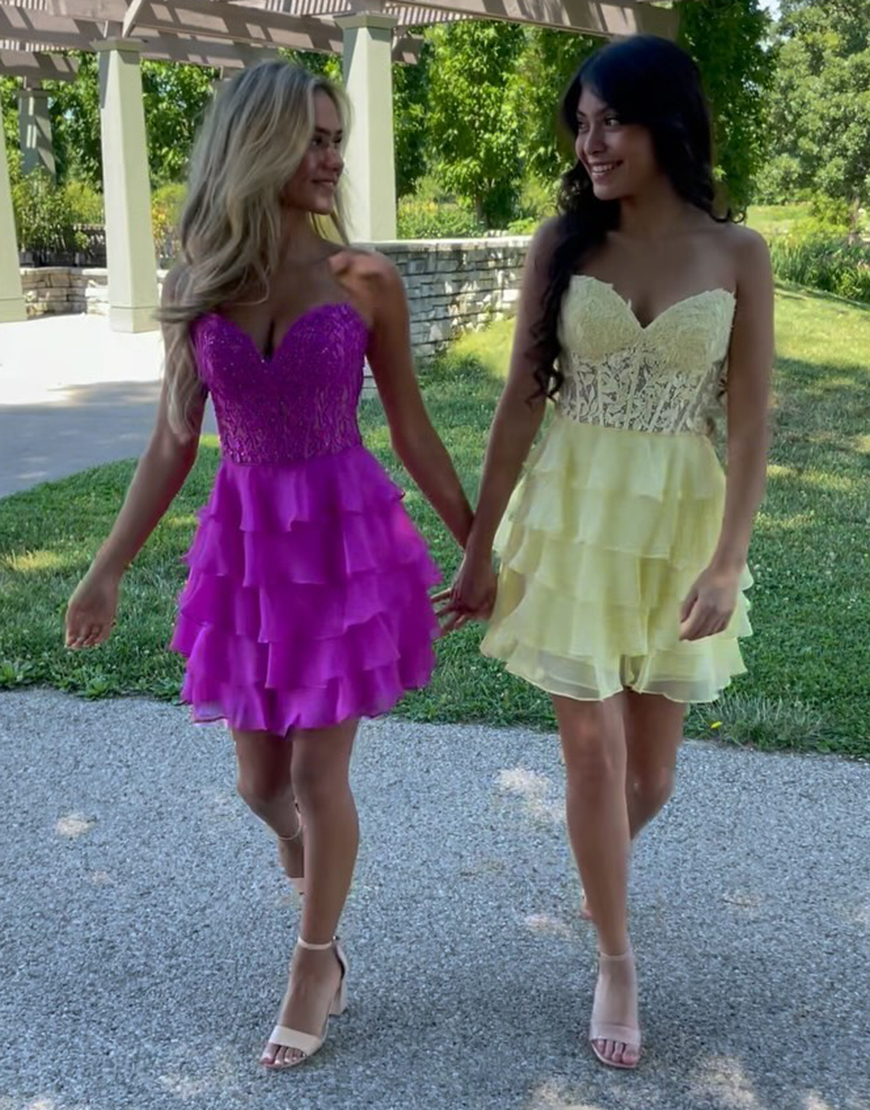 Sparkly Yellow A-line Strapless Tiered Homecoming Dress with Appliques