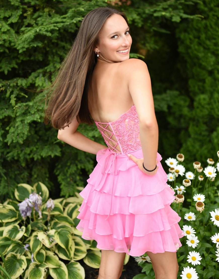 Sparkly Pink Strapless Tiered A-Line Homecoming Dress with Appliques
