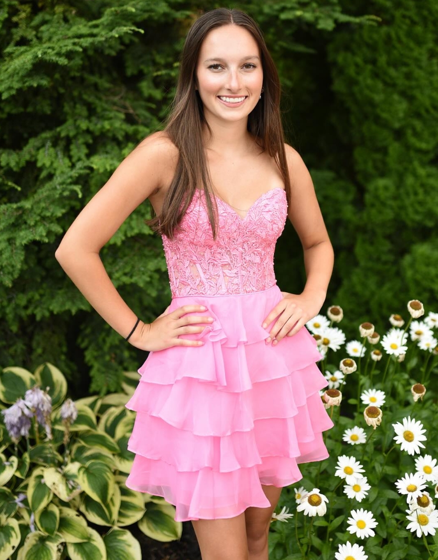 Sparkly Pink Strapless Tiered A-Line Homecoming Dress with Appliques