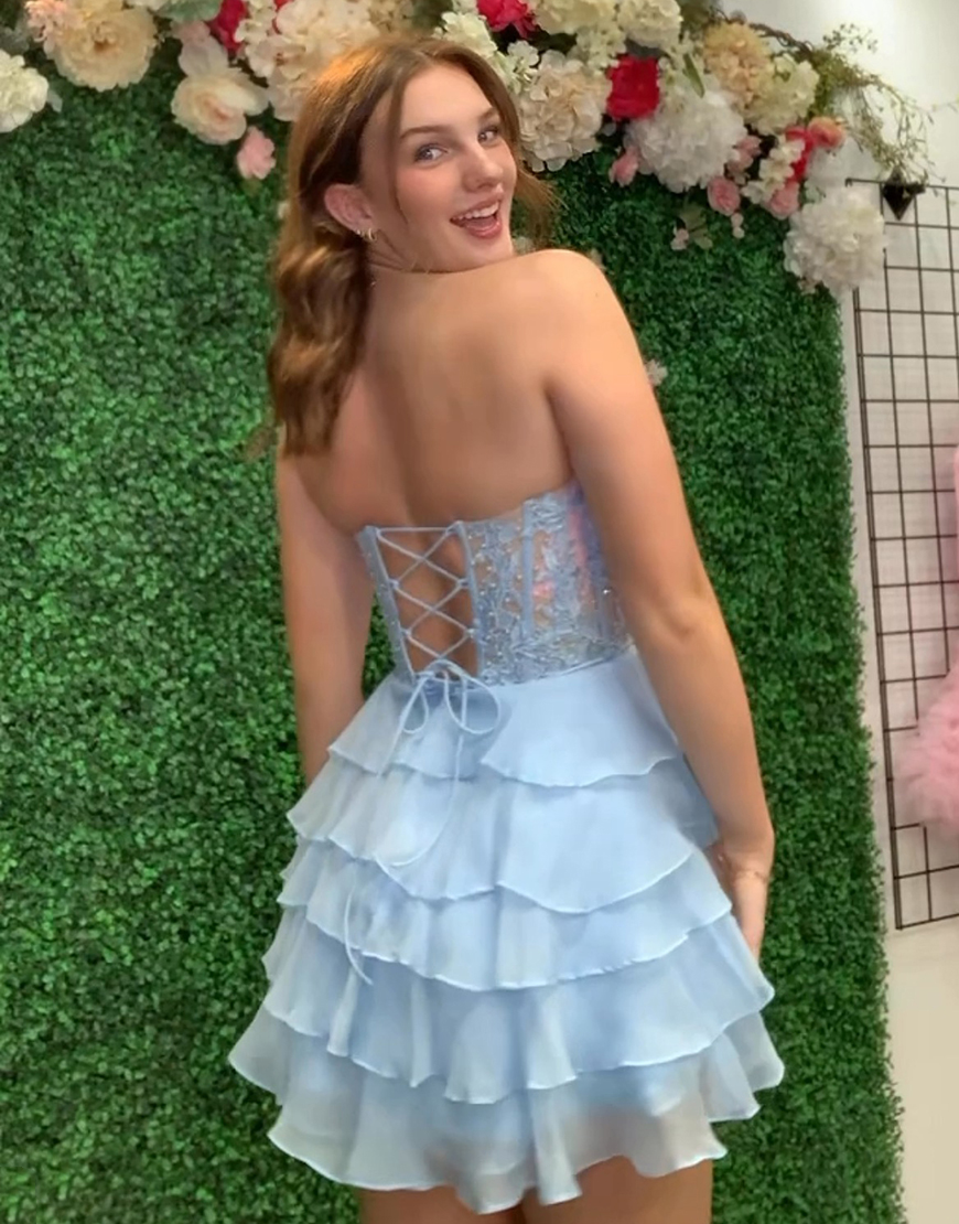 Sparkly Yellow A-line Strapless Tiered Homecoming Dress with Appliques