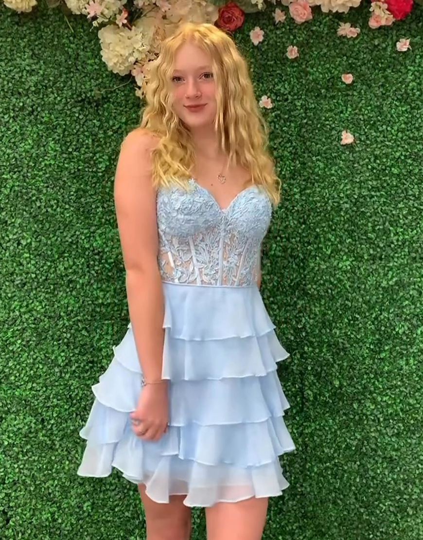 Sparkly Yellow A-line Strapless Tiered Homecoming Dress with Appliques