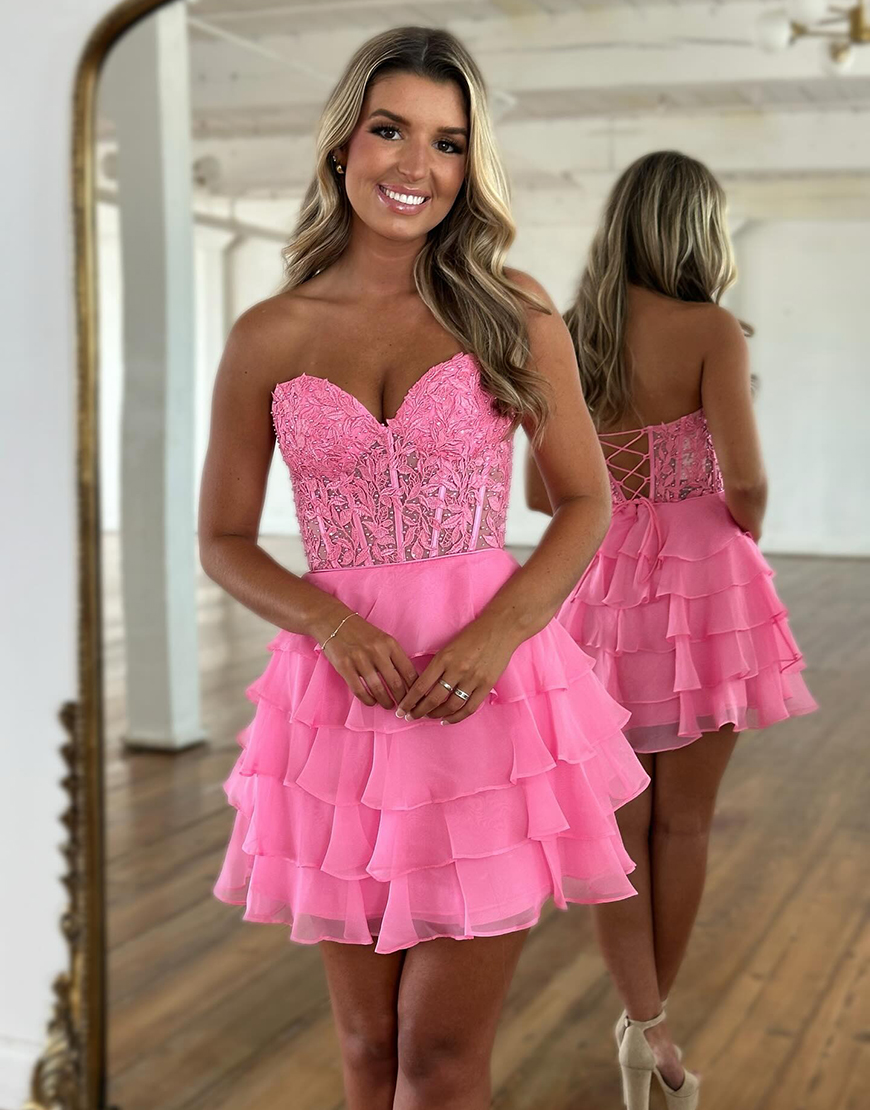 Sparkly Pink A-line Strapless Tiered Homecoming Dress with Appliques