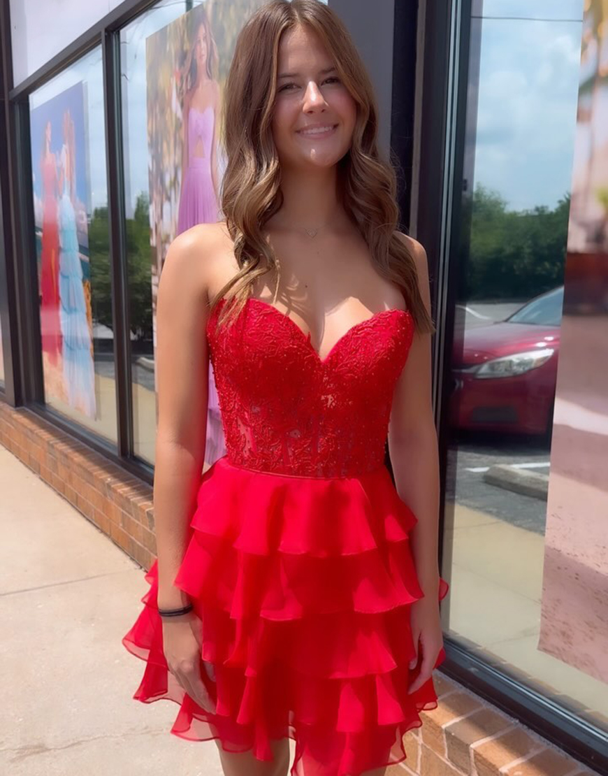 Sparkly Yellow A-line Strapless Tiered Homecoming Dress with Appliques