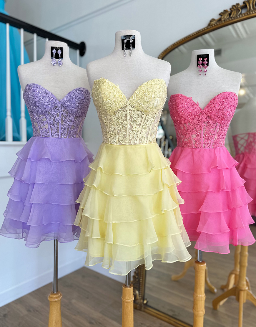 Sparkly Yellow A-line Strapless Tiered Homecoming Dress with Appliques