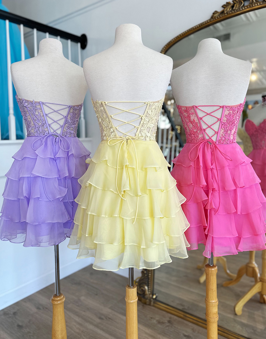 Sparkly Yellow A-line Strapless Tiered Homecoming Dress with Appliques