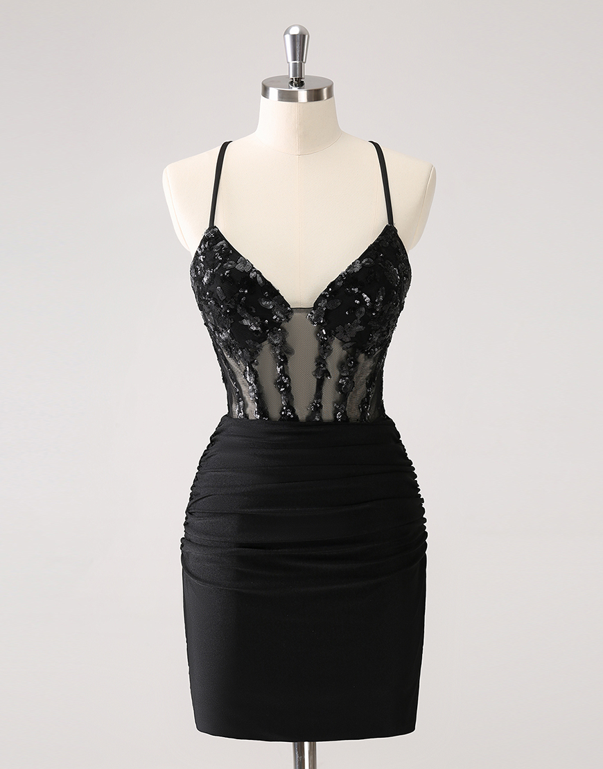 Sparkly Black Sequined Embroidery Tight Halter Homecoming Dress