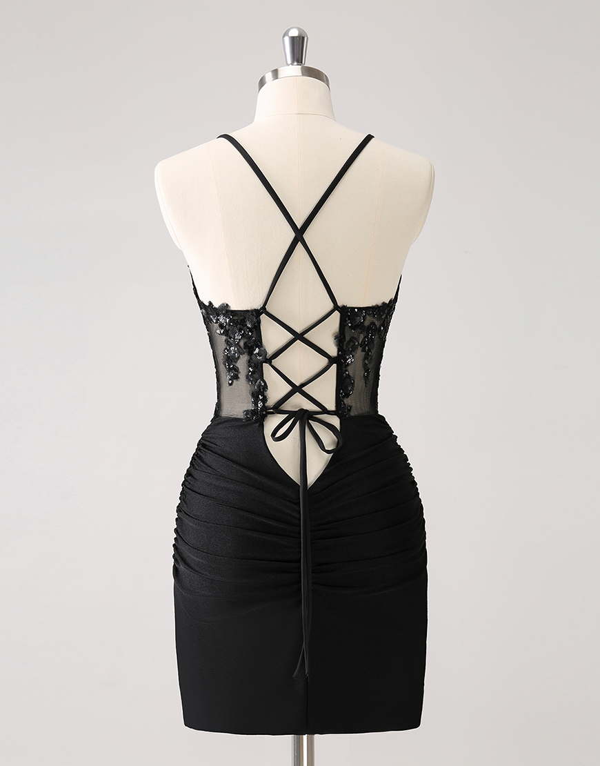 Sparkly Black Sequined Embroidery Tight Halter Homecoming Dress