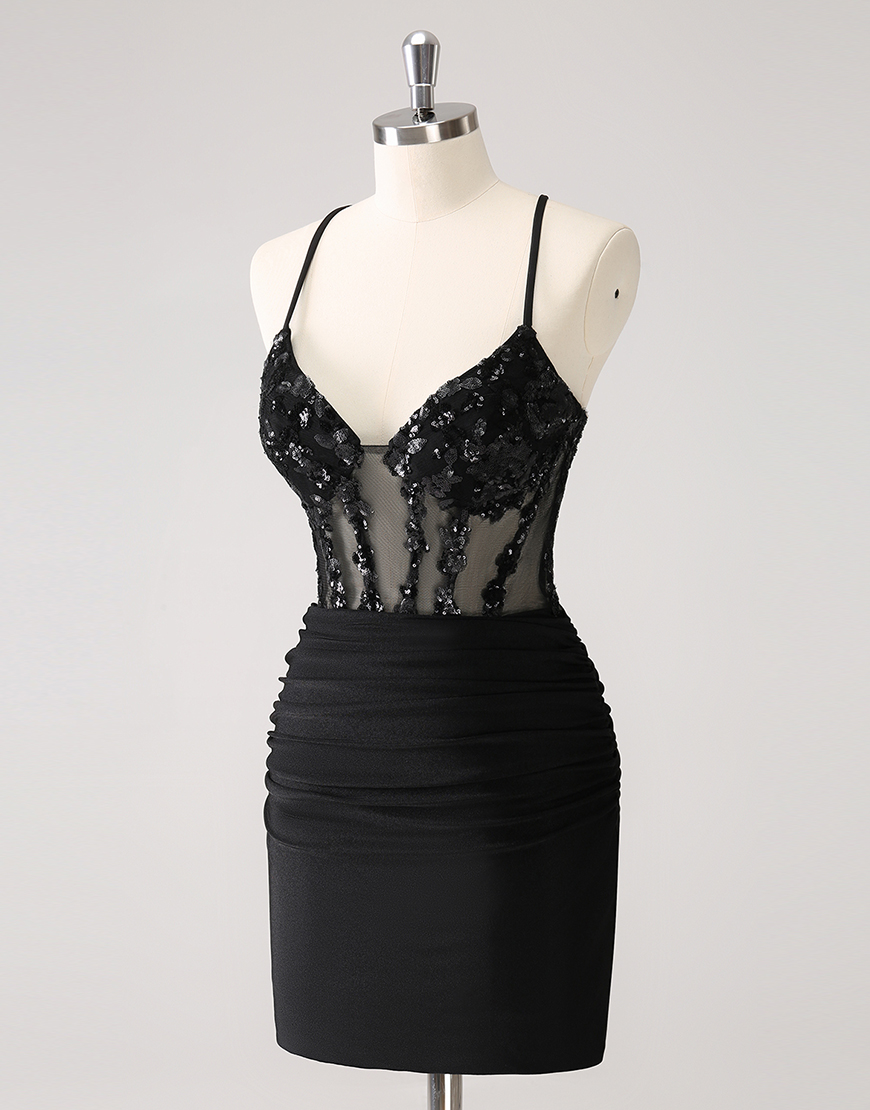 Sparkly Black Sequined Embroidery Tight Halter Homecoming Dress