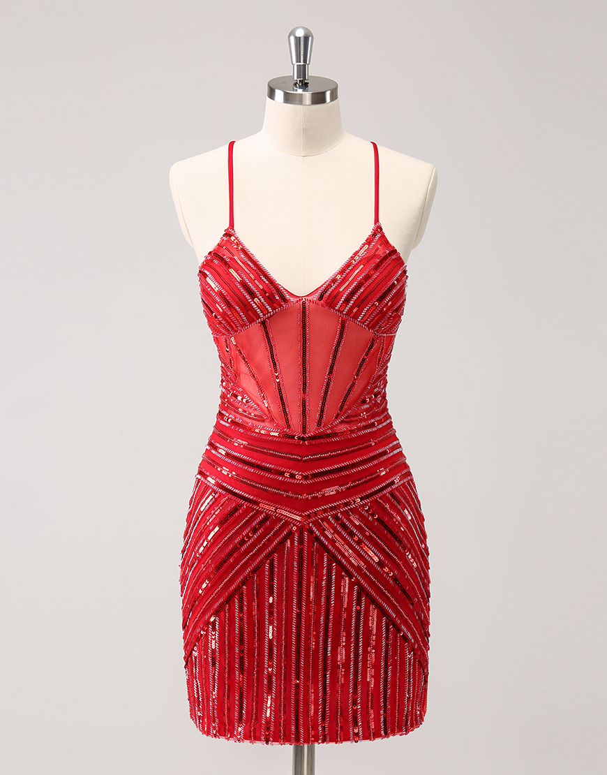 Sparkly Red Tight Sequined Spaghetti Straps Homecoming Dress