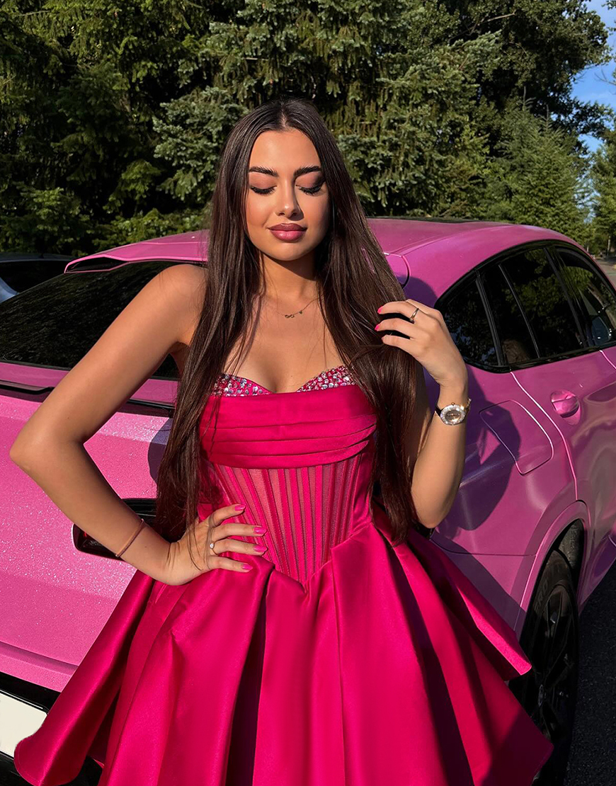 Sparkly Fuchsia Strapless Beaded A-Line Corset Homecoming Dress 