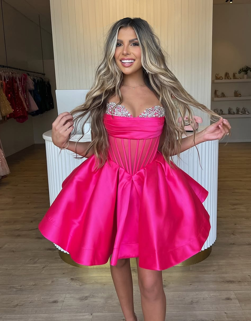 Fuchsia Strapless Beaded A-Line Corset Short Homecoming Dress