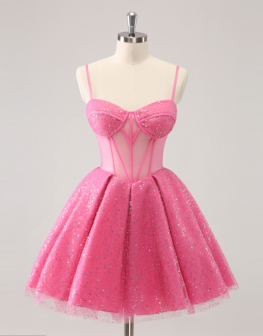 Glitter Pink A-Line Corset Spaghetti Straps Tulle Homecoming Dress